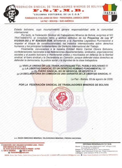 Mineros bolivianos cuestionan iniciativas legislativas que amenazan la libertad sindical