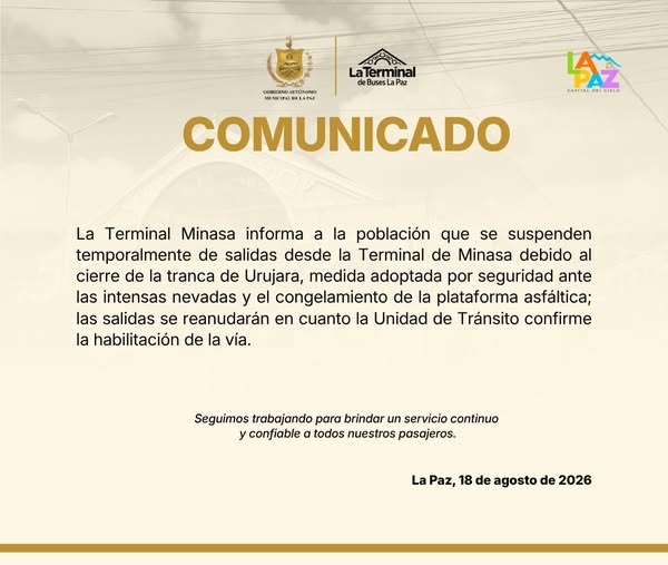 Interrupción de servicios en Terminal Minasa por nevadas