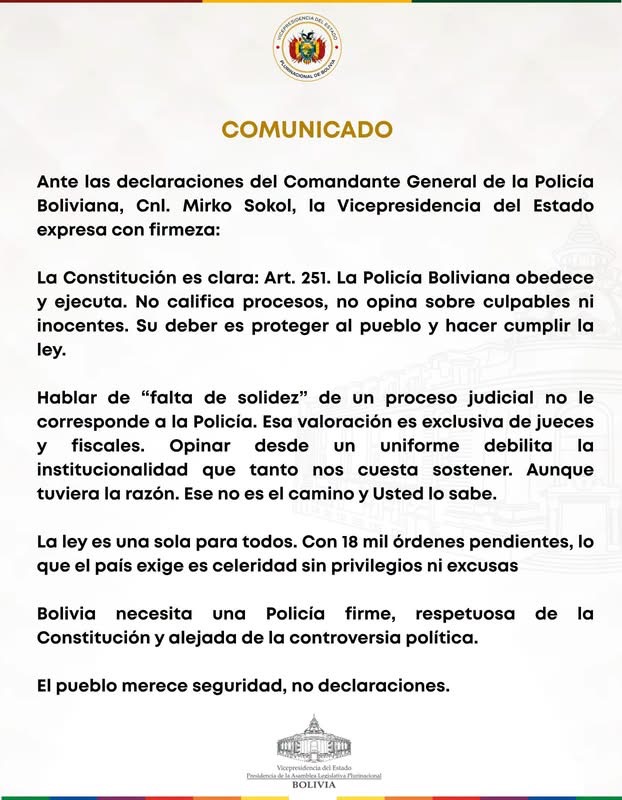 Lara critica a Sokol: La Policía no debe juzgar procesos judiciales