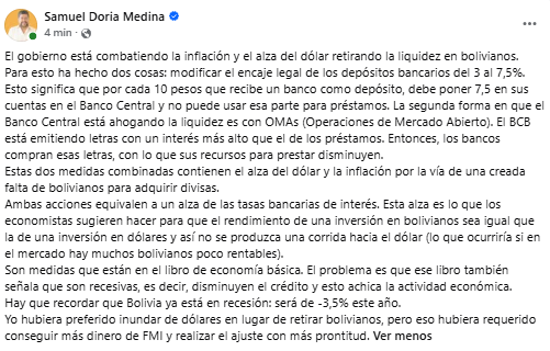Doria Medina critica medidas gubernamentales que limitan el crédito y el consumo