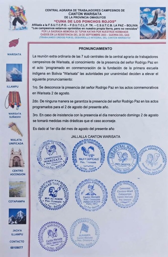 Campesinos de Warisata rechazan la visita del presidente Rodrigo Paz y amenazan con acciones contundentes