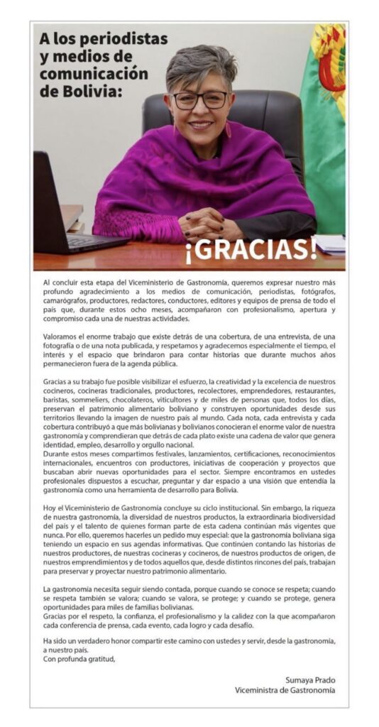 Despedida de la Viceministra de Gastronomía tras el cierre de su despacho