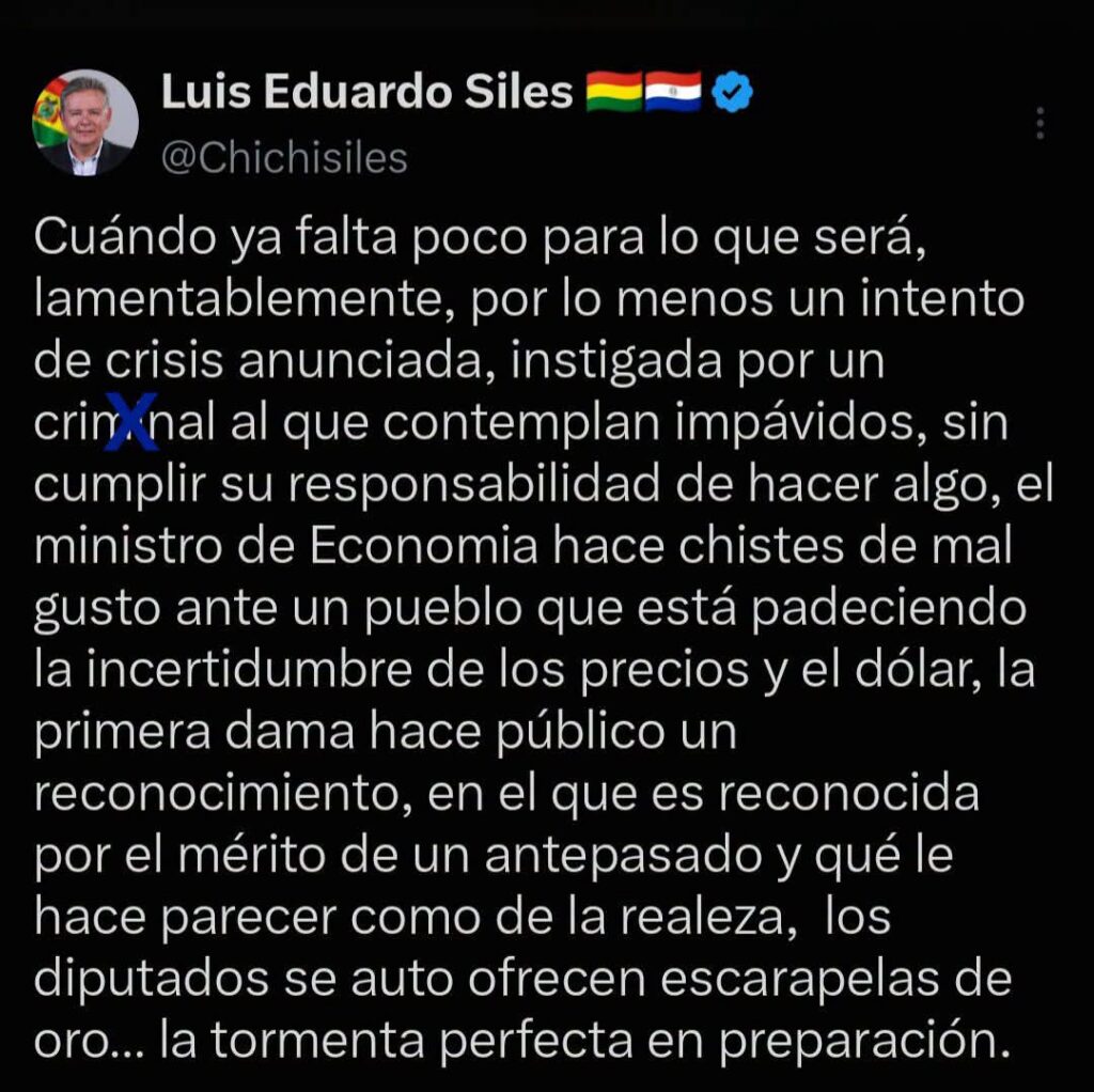 Luis Eduardo Siles alerta sobre una crisis inminente y critica al Gobierno
