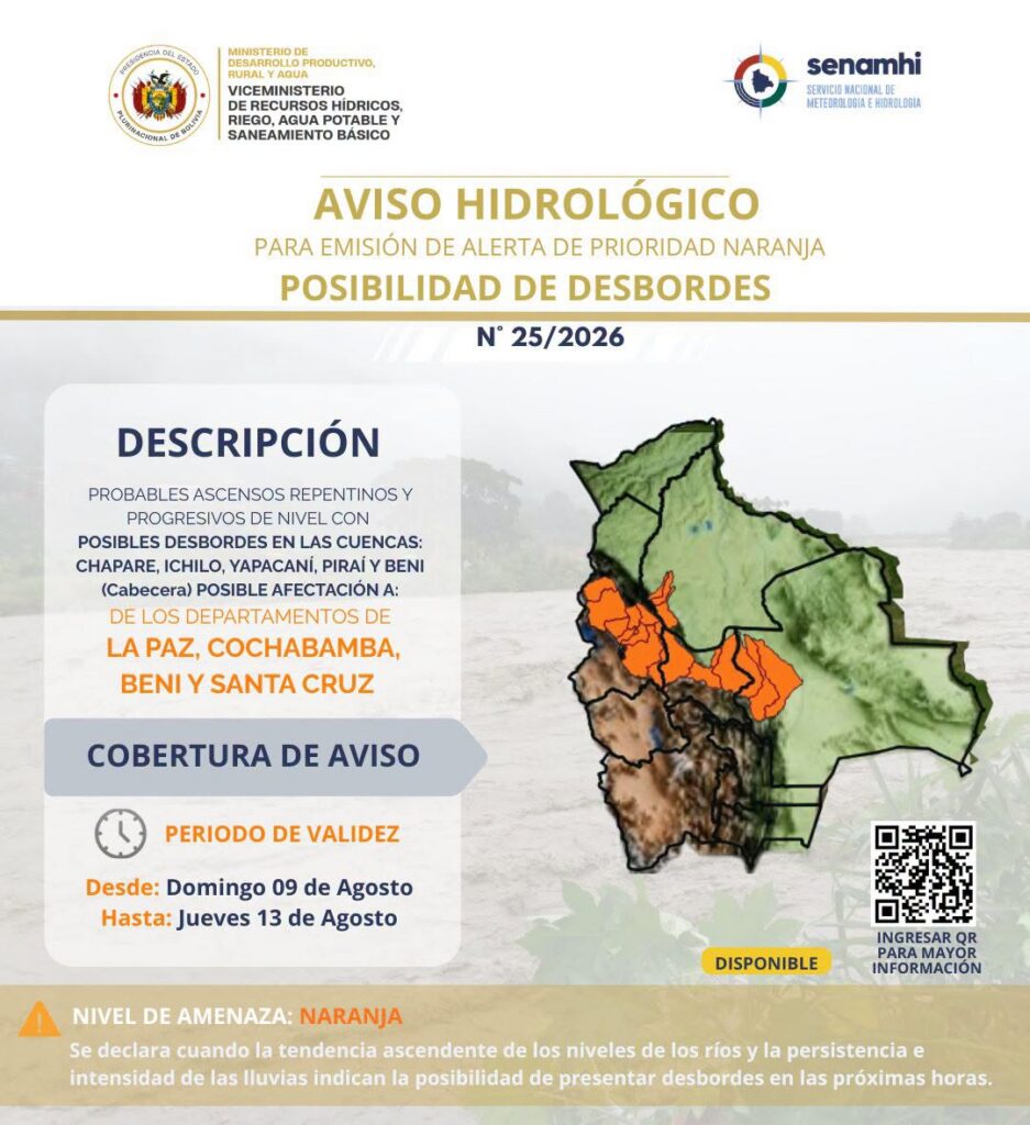 Alerta naranja del Senamhi por riesgo de desbordes en varias cuencas bolivianas
