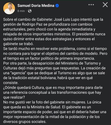Doria Medina critica los cambios en el gabinete y sugiere falta de dirección del Gobierno