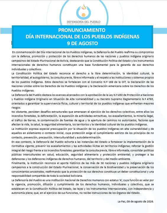 Defensoría del Pueblo Reafirma Compromiso con Derechos Indígenas en su Día Internacional