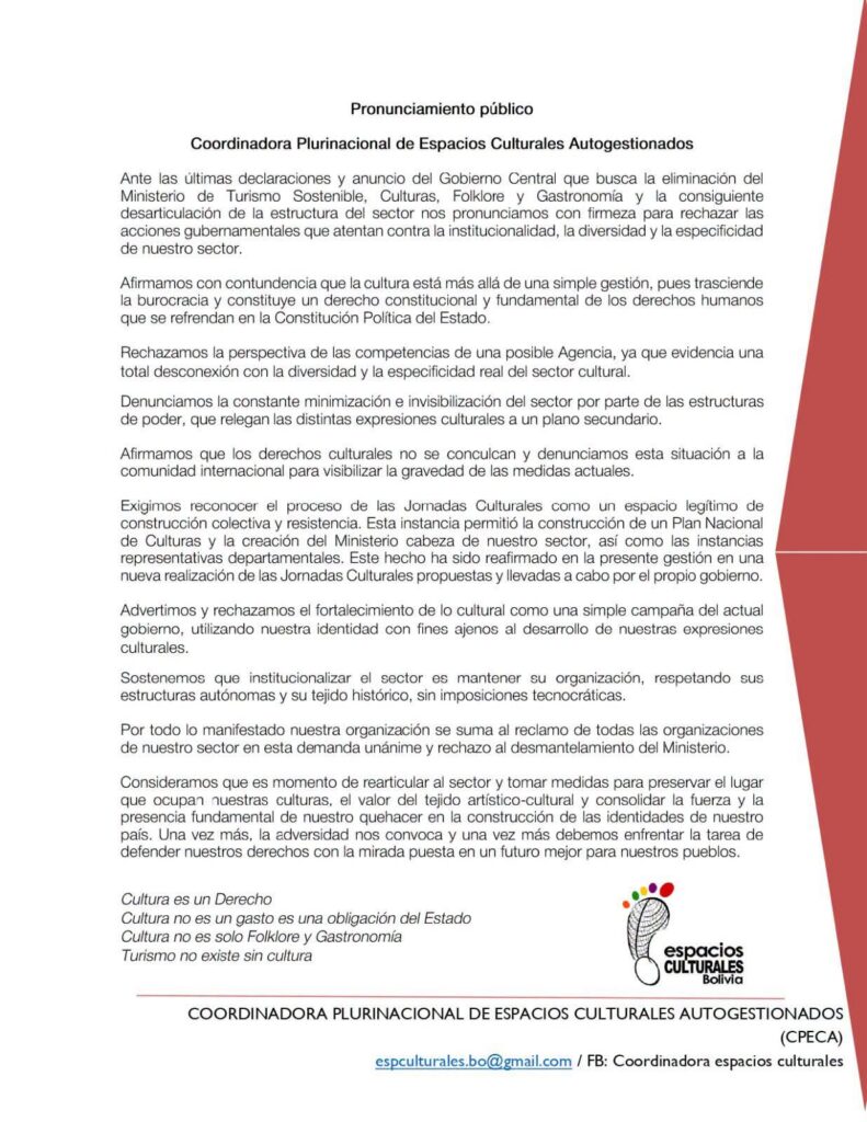 Organizaciones culturales y turísticas reclaman la permanencia del Ministerio de Turismo