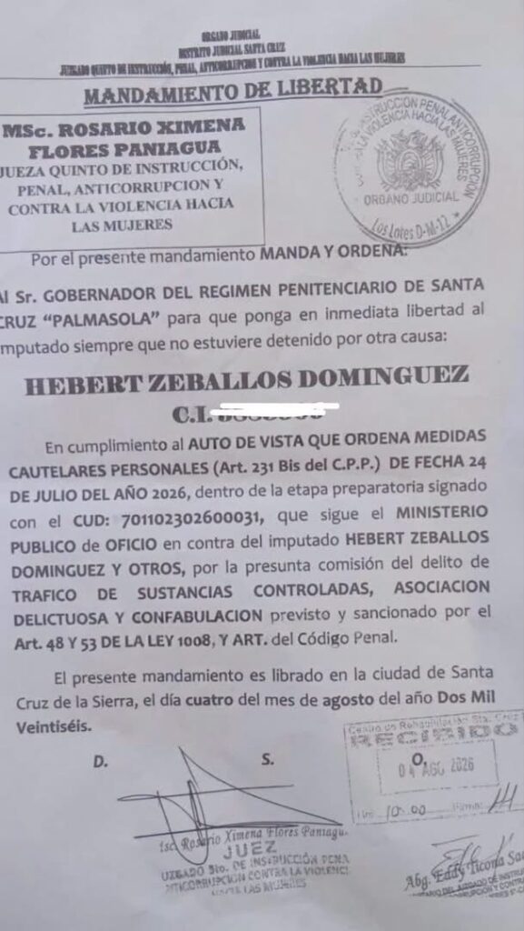Libertad para el exjuez Hebert Zeballos tras orden judicial