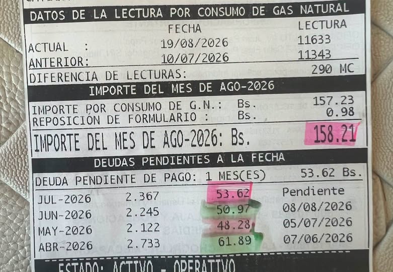 Inquietud entre usuarios por factura de gas domiciliario que supera los Bs 158