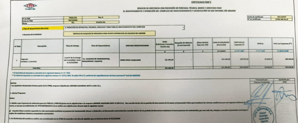YPFB GASTA CERCA DE Bs 300 MIL EN ALQUILER DE VAGONETA PARA RÍO GRANDE