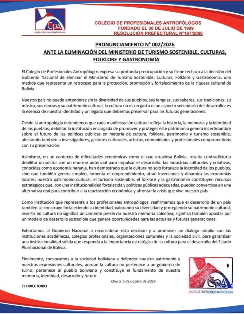 Aumento del descontento por la eliminación del Ministerio de Turismo y Cultura en Bolivia