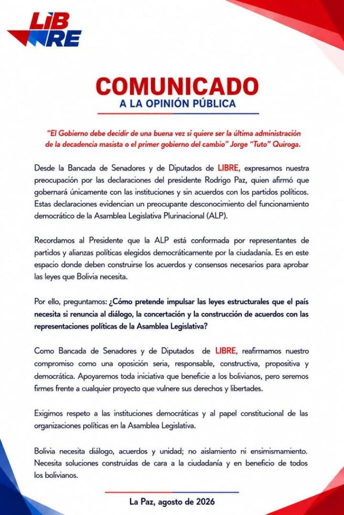LIBRE critica a Rodrigo Paz por su falta de diálogo con la Asamblea