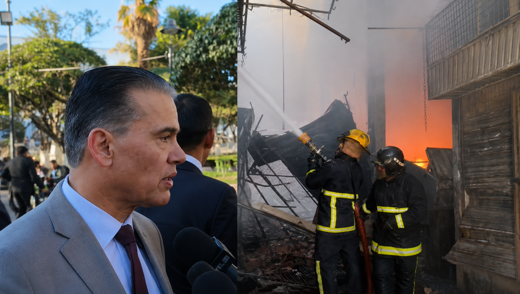 Operativo militar y aéreo ante incendio descontrolado en la Feria Barrio Lindo