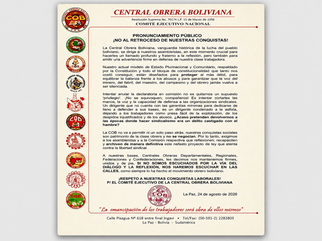 La COB advierte sobre posibles movilizaciones ante amenazas a derechos laborales
