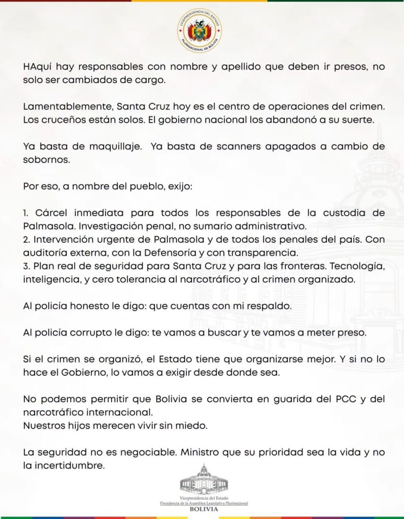 Lara exige responsabilidad tras fuga de reos en Palmasola