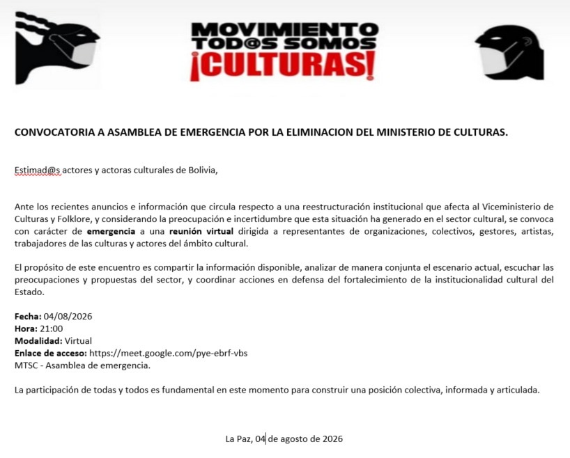 Asamblea virtual de emergencia del sector cultural tras el cierre del Ministerio de Culturas
