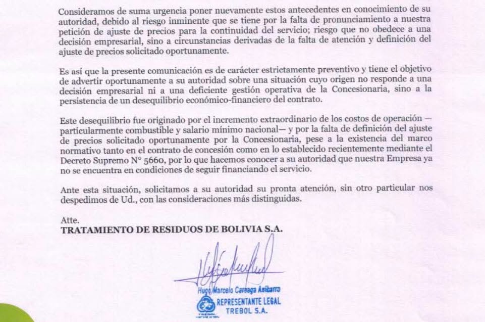 TRÉBOL INFORMA A LA ALCALDÍA QUE NO PODRÁ FINANCIAR MÁS EL SERVICIO DE ASEO EN LA PAZ