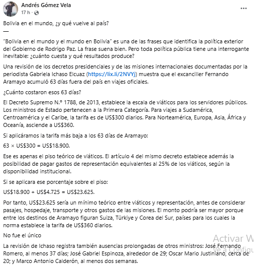 Análisis de Gómez Vela sobre los viajes internacionales del Gobierno: ¿Qué beneficios trae a Bolivia?