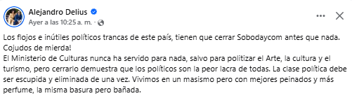 Delius critica cierre del Ministerio de Culturas y sugiere priorizar el cierre de SOBODAYCOM