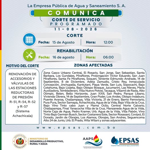 Epsas programará corte de agua en 78 sectores de La Paz este fin de semana