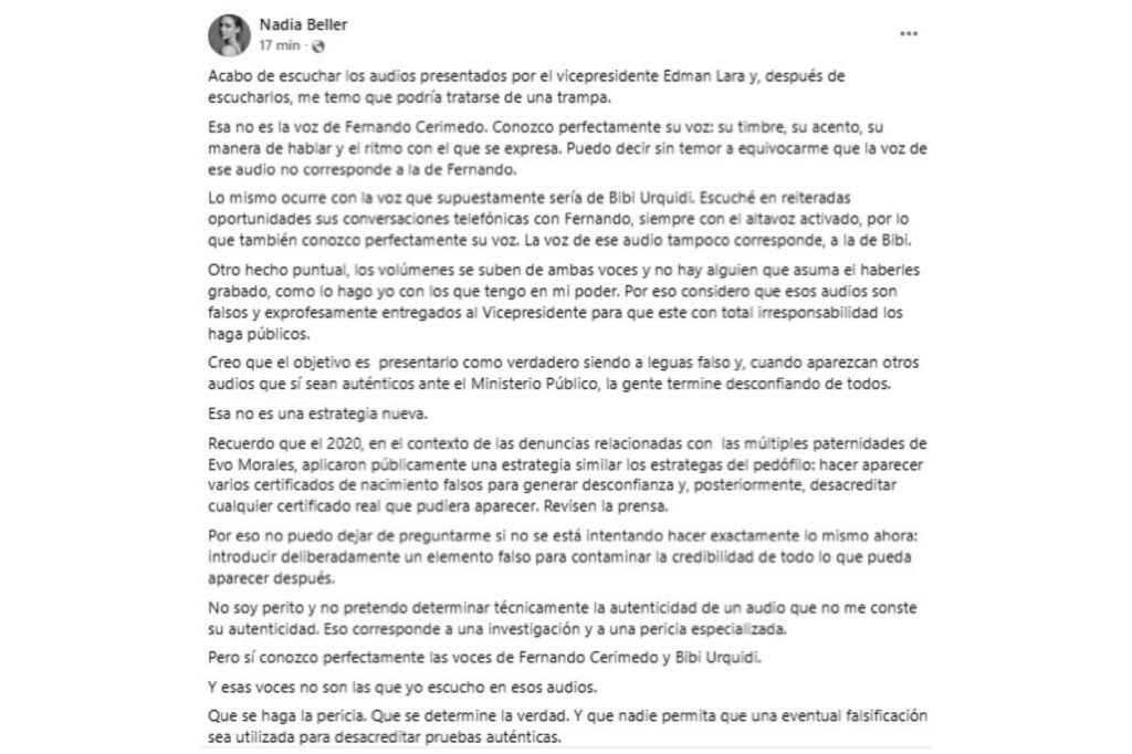 Nadia Beller solicita pericia de audios presentados por Edman Lara