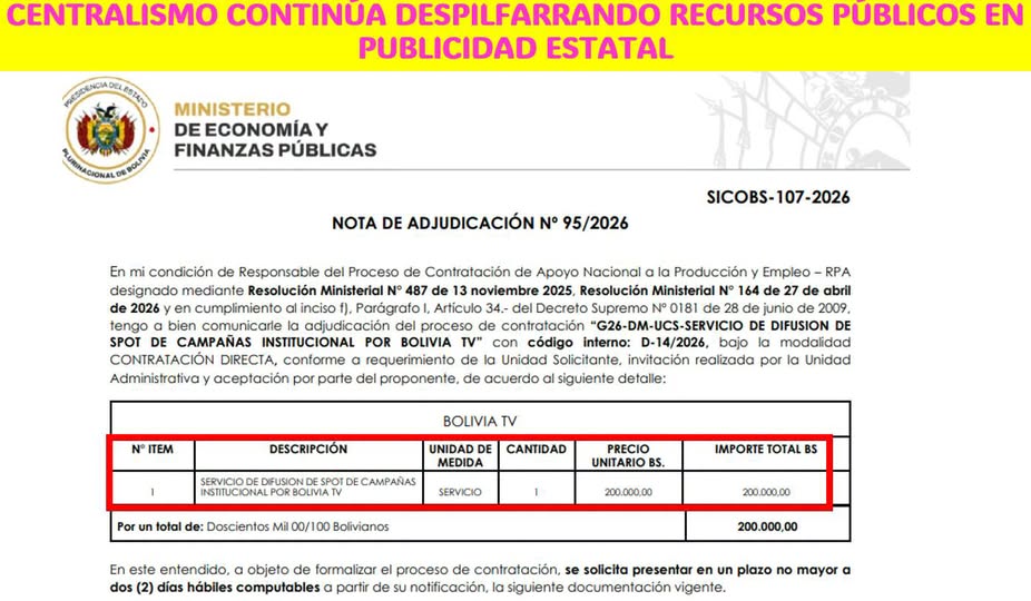 El Ministerio de Economía asigna Bs 200 mil a Bolivia TV para publicidad institucional
