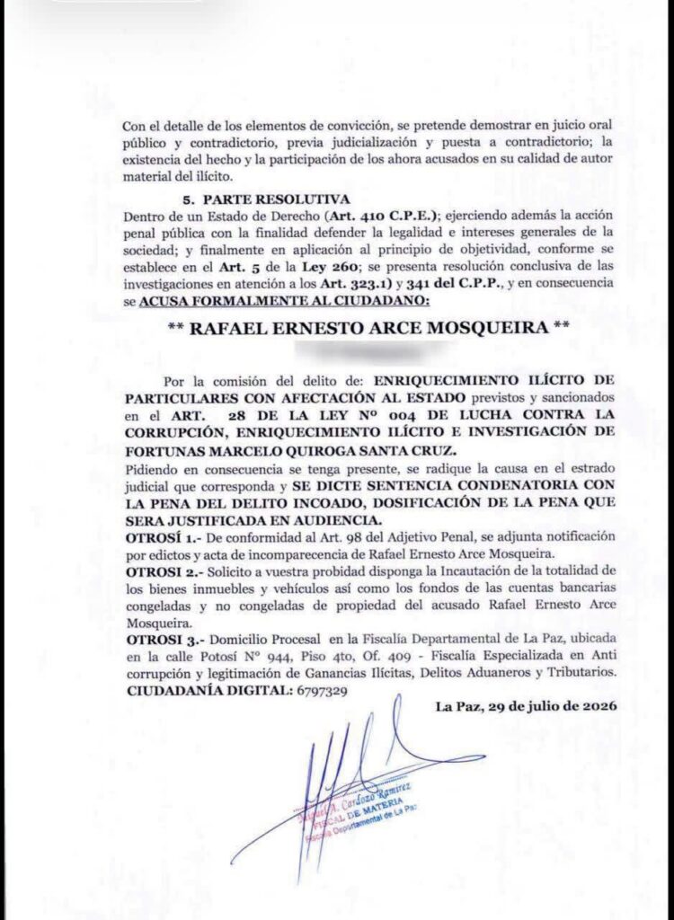 Rafael Arce Mosqueira enfrenta acusación por enriquecimiento ilícito