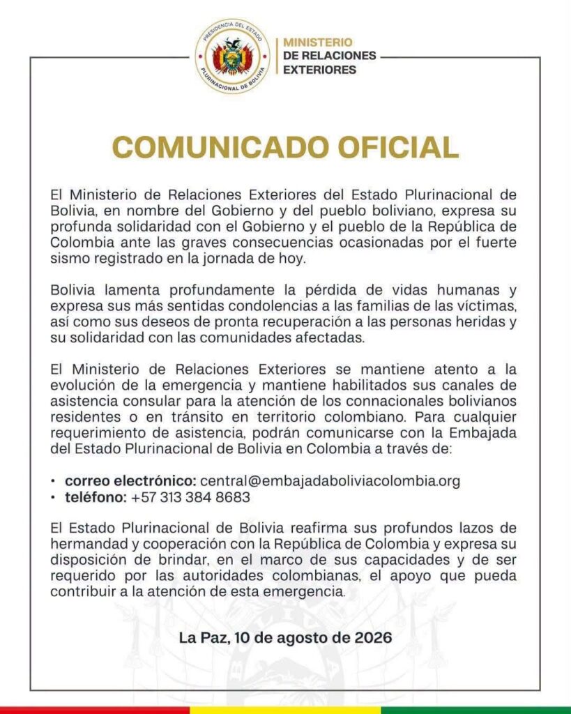 Bolivia se solidariza con Colombia tras el devastador sismo y ofrece asistencia consular