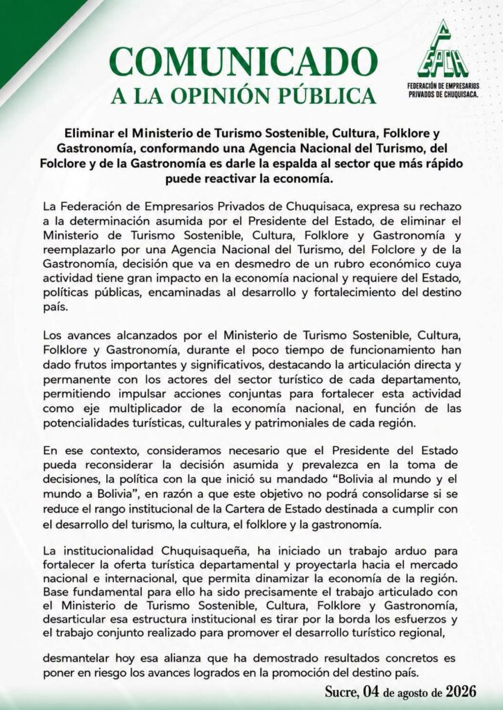 Empresarios chuquisaqueños se oponen a la eliminación del Ministerio de Turismo