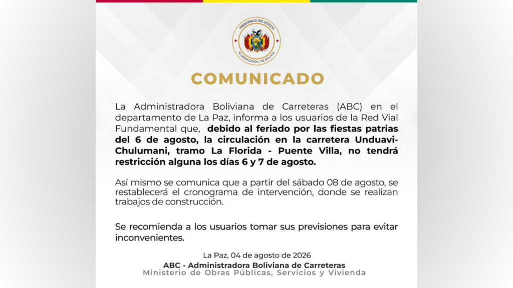 La ABC permite libre circulación en el tramo La Florida – Puente Villa por feriado patrio