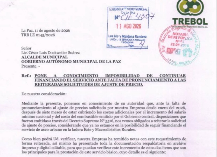 Trébol alerta sobre dificultades para mantener el servicio de recolección de basura en La Paz