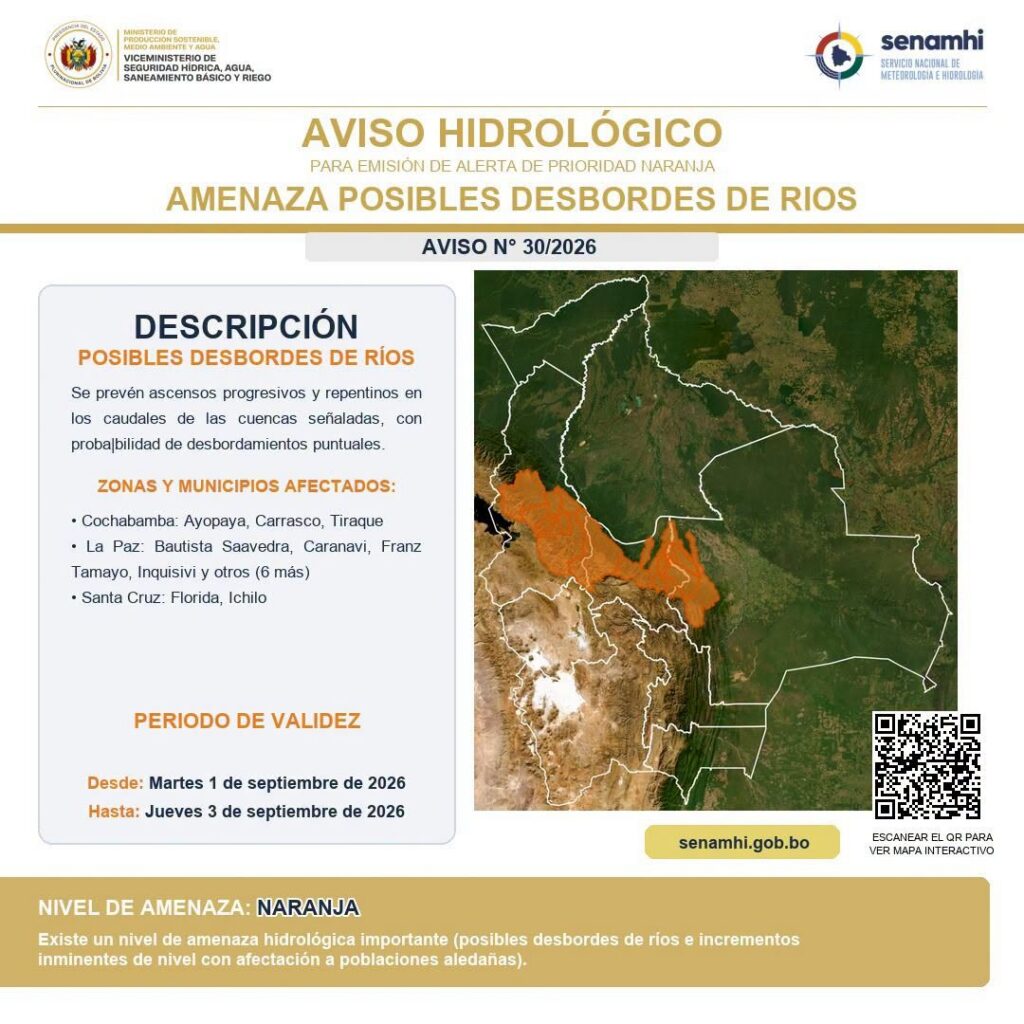 Alerta naranja del Senamhi por riesgo de desbordes en ríos de La Paz, Cochabamba y Santa Cruz