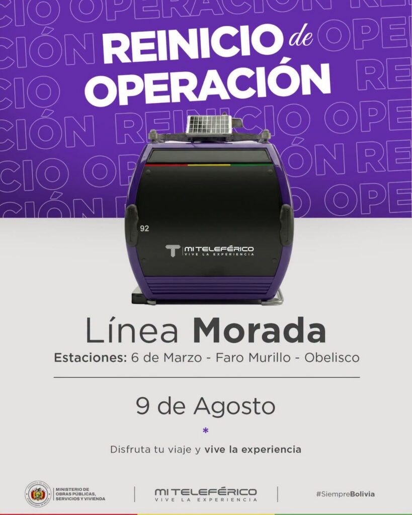 Reanudación de operaciones de la Línea Morada de Mi Teleférico