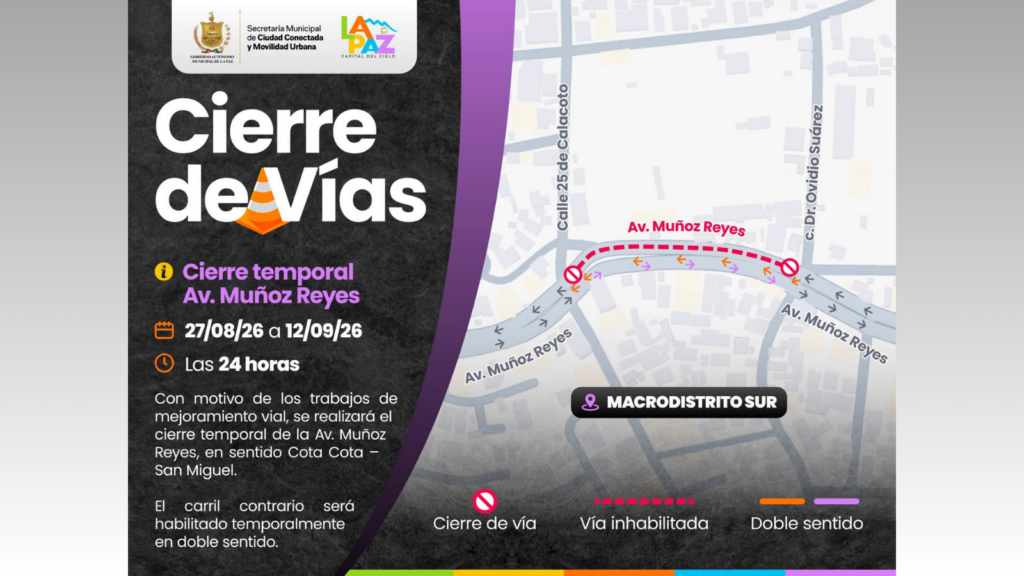 Cierre temporal en la avenida Muñoz Reyes por trabajos viales