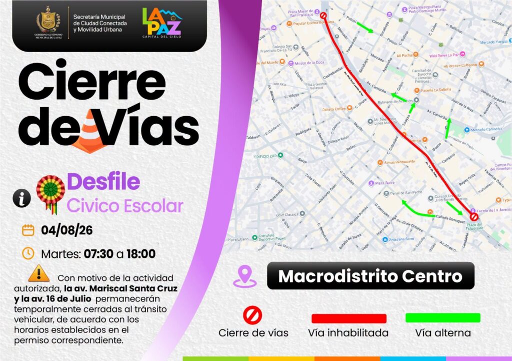 Cierre temporal del Prado paceño por desfiles escolares este martes