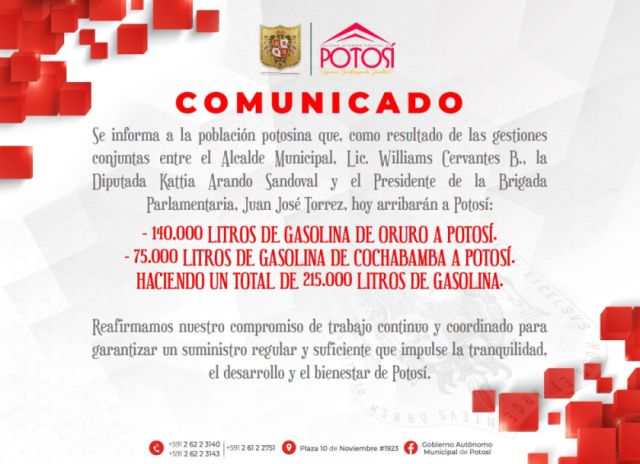 Se confirma la llegada de 215.000 litros de gasolina a Potosí