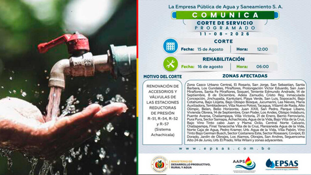 Epsas programará corte de agua en 78 sectores de La Paz este fin de semana