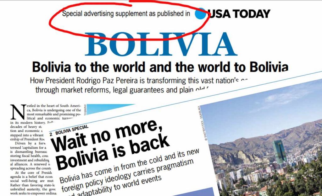 La separata de Rodrigo Paz también se publicó en papel en USA Today