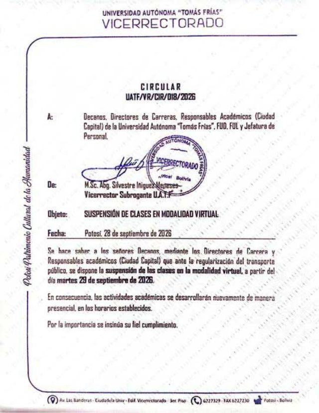 Regreso a las clases presenciales en la UATF