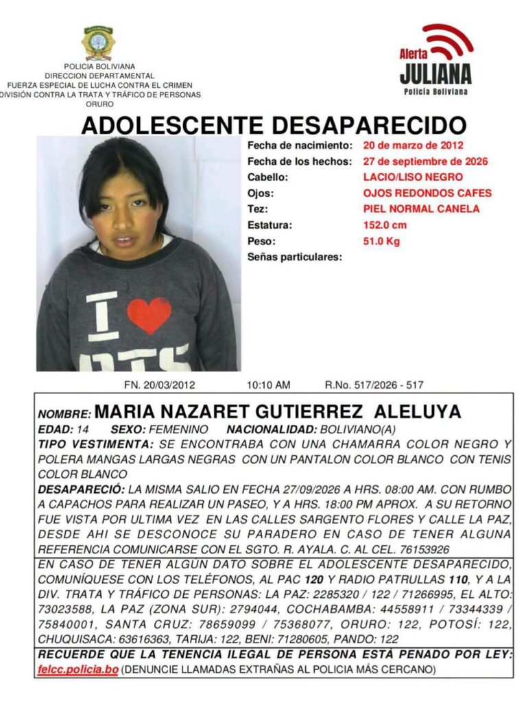 Búsqueda activa de dos adolescentes desaparecidas en Oruro