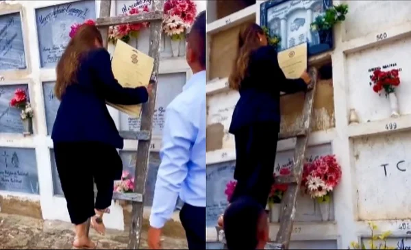 Una graduada rinde homenaje a su padre en su tumba