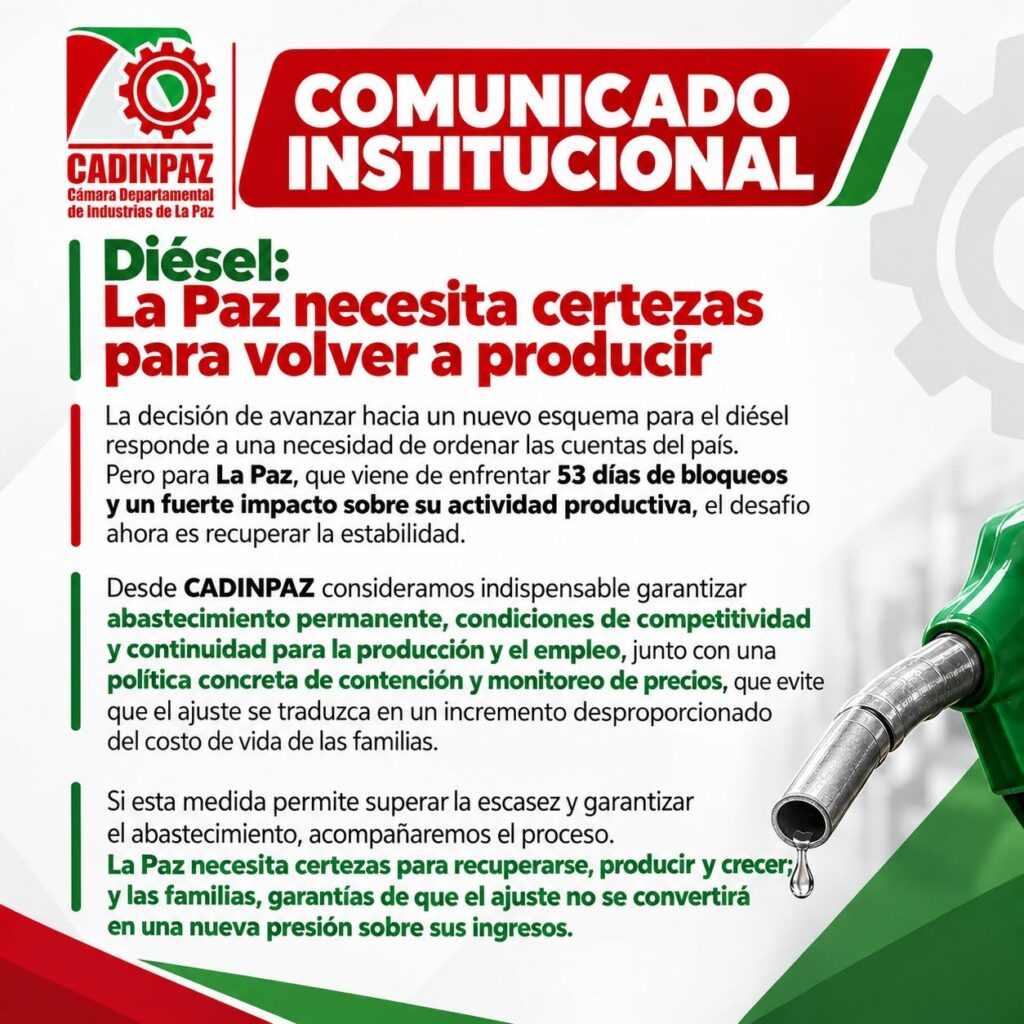 Industriales de La Paz apoyan la eliminación de la subvención al diésel