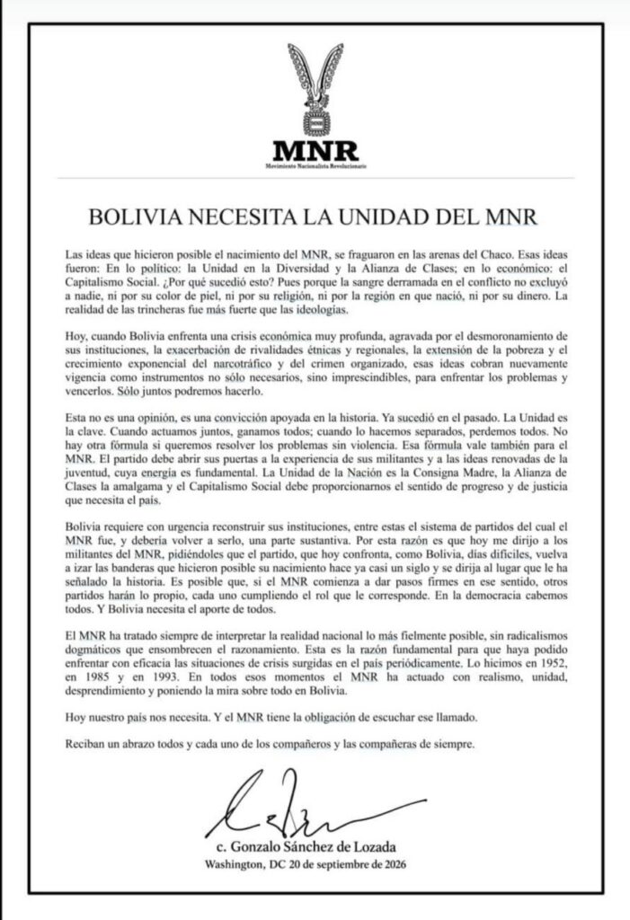 MNR hace un llamado a la unidad para enfrentar la crisis en Bolivia