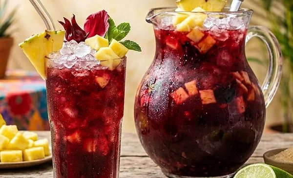 Preparando agua de jamaica con cáscara de piña en casa